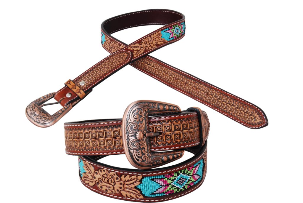 RAFTER T BEADED INLAY WITH FLORAL TOOLING AND COPPER BUCKLE