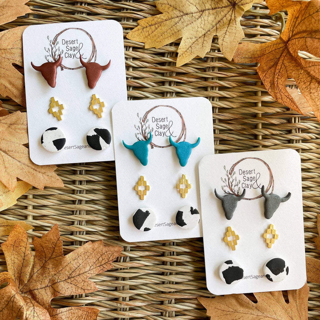 Western Clay Earring Bull Stud Pack (Gunmetal)