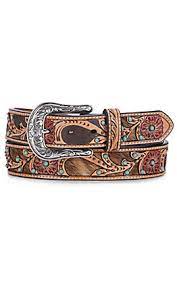 ARIAT WOMENS RED FLOWER WITH COWHIDE INLAY TOOLED BELT