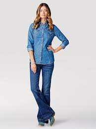 WRANGLER WOMENS RETRO EXAGGERATED WESTERN LONG SLEEVE DENIM SHIRT IN INDIGO