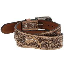 HOOEY MENS NATURAL LEATHER & FILIGREE EMBOSSED BELT