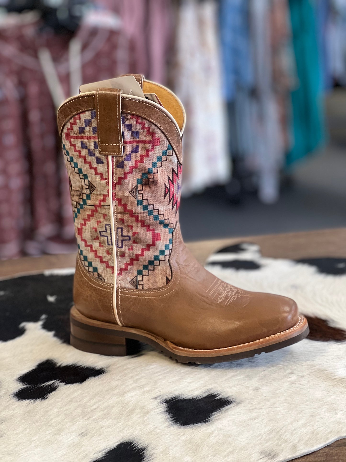 ROPER MARGO GIRLS AZTEC SQ TOE BROWN LEATHER BOOTS