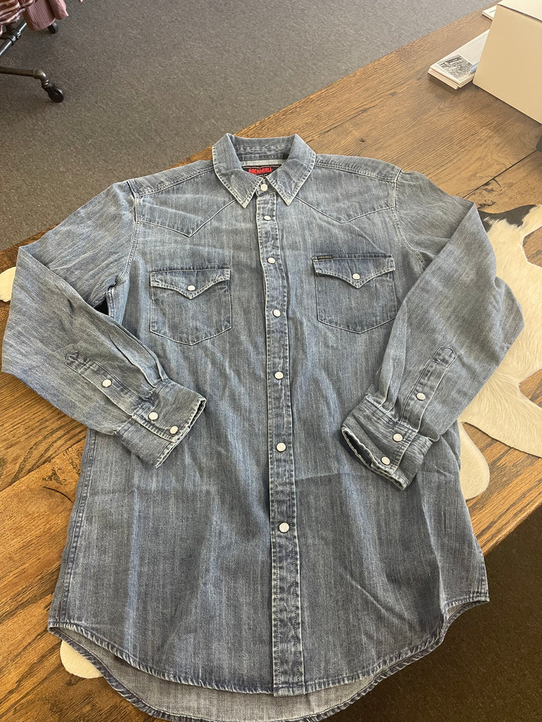 ROCK & ROLL MENS BLUE DENIM SOLID PEARL SNAP